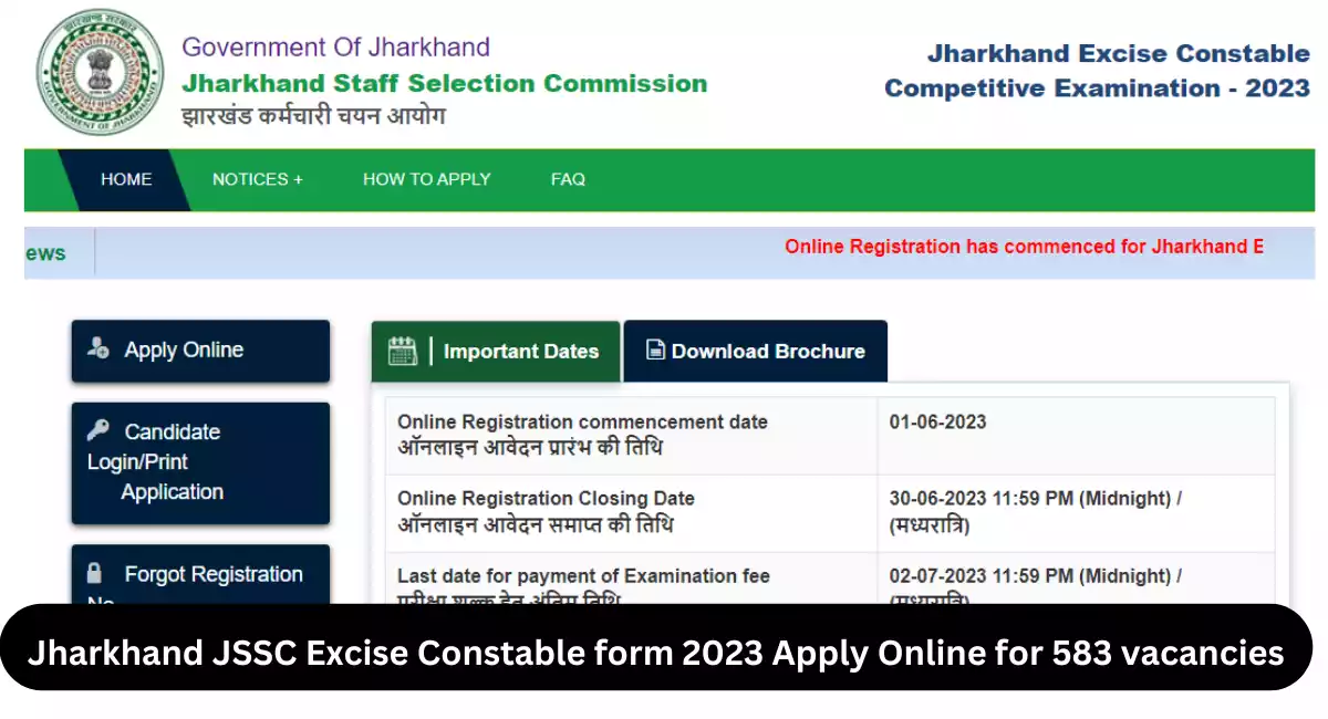 Jharkhand JSSC Excise Constable form 2023 Apply Online for 583 vacancies